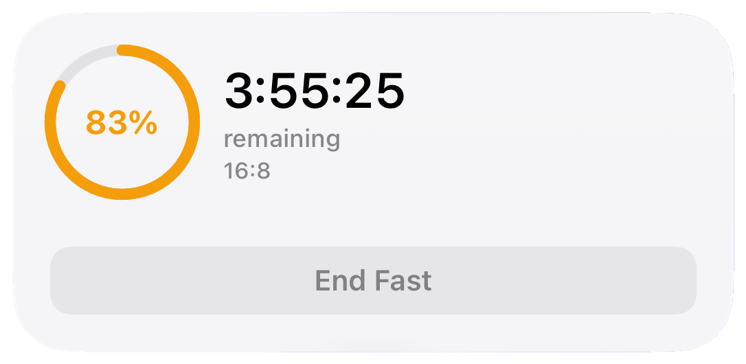 Abstia medium home screen widget showing the progress ring, time remaining, 16:8 schedule, and an End Fast button