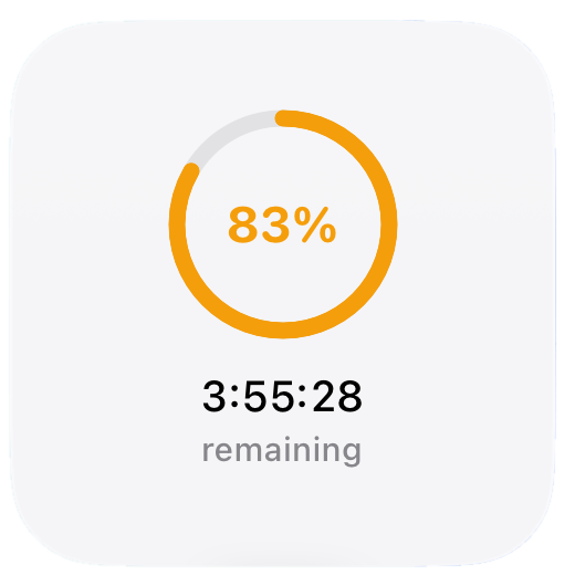 Abstia small home screen widget showing a metabolic progress ring at 83% and 3:55:28 remaining
